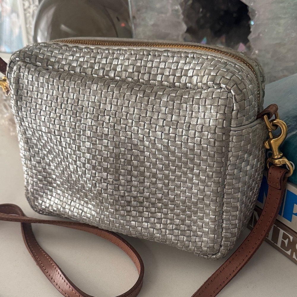 Clare V Silver Metallic Leather Woven Crossbody Bag